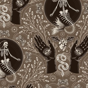 Phantasmagoria - Mermaid skeleton, hands, eyes, snake, scary plants and moths - large - sepia brown