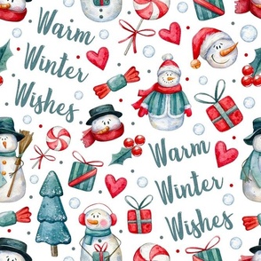 Large Scale Warm Winter Wishes Snowman Scatter on White