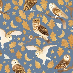 Oaken owls on misty blue