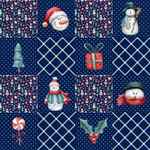Patchwork 6" Square Cheater Quilt Winter Snowmen in Navy