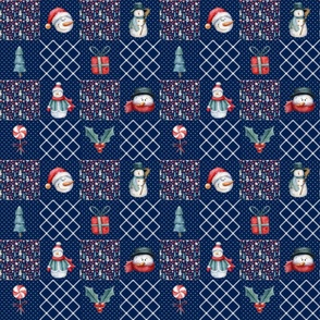 Smaller Patchwork 3" Square Cheater Quilt Winter Snowmen in Navy
