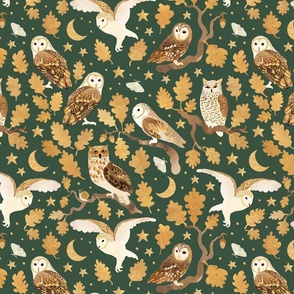 Oaken owls on forest green - medium scale