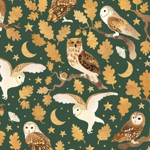 Oaken owls on forest green