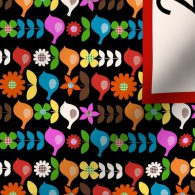 2025 Calendar Fat Quarter Tea Towel Wall Hanging Colorful Scandi Flowers and Birds on Black