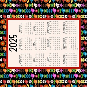 2025 Calendar Fat Quarter Tea Towel Wall Hanging Colorful Scandi Flowers and Birds on Black