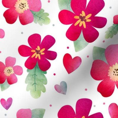 Large Scale Watercolor Flowers and Hearts Bright Cherry Red and Pink