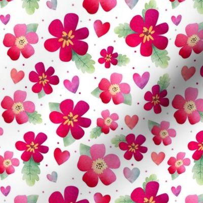 Medium Scale Watercolor Flowers and Hearts Bright Cherry Red and Pink