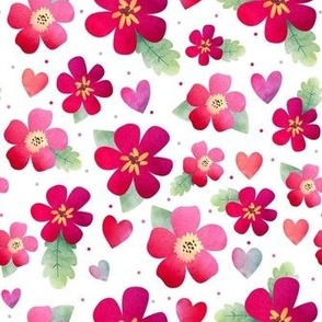 Medium Scale Watercolor Flowers and Hearts Bright Cherry Red and Pink