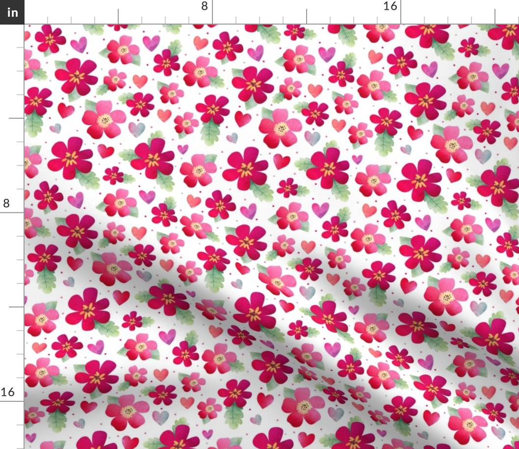 Medium Scale Watercolor Flowers and Hearts Bright Cherry Red and Pink