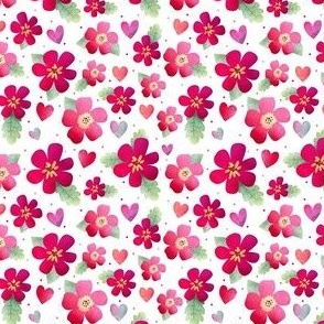 Small Scale Watercolor Flowers and Hearts Bright Cherry Red and Pink