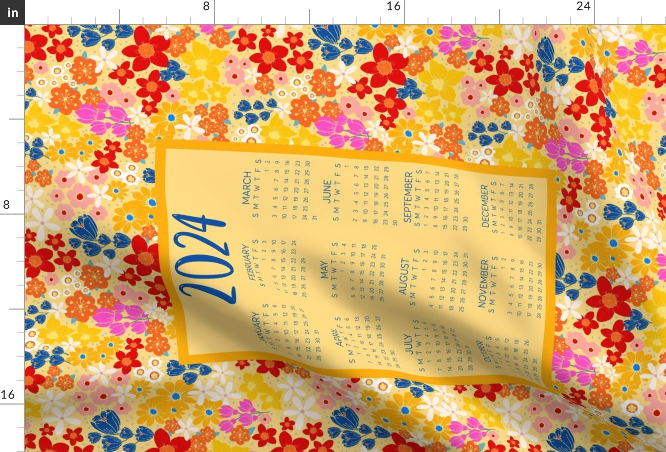 2025 Calendar Fat Quarter Tea Towel Wall Hanging Cheerful Flower Garden