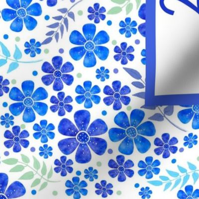 2025 Calendar Fat Quarter Tea Towel Wall Hanging Blue Watercolor Flowers