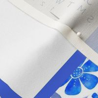 2025 Calendar Fat Quarter Tea Towel Wall Hanging Blue Watercolor Flowers