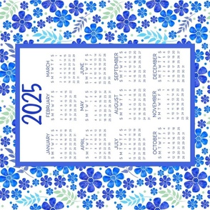 2024 Calendar Fat Quarter Tea Towel Wall Hanging Blue Watercolor Flowers