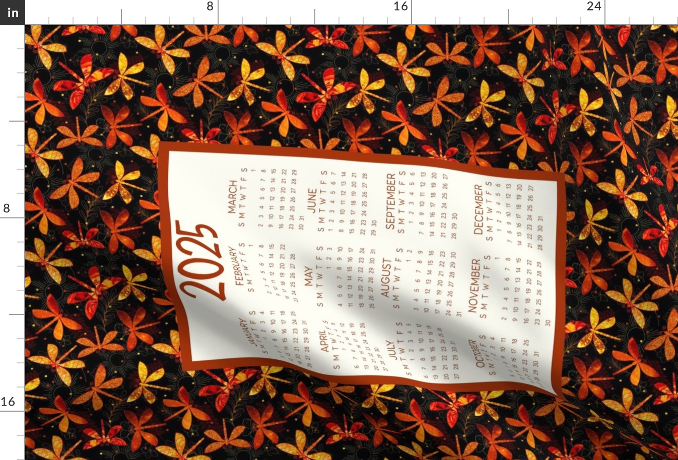 2025 Calendar Fat Quarter Tea Towel Wall Hanging Amber Dragonflies
