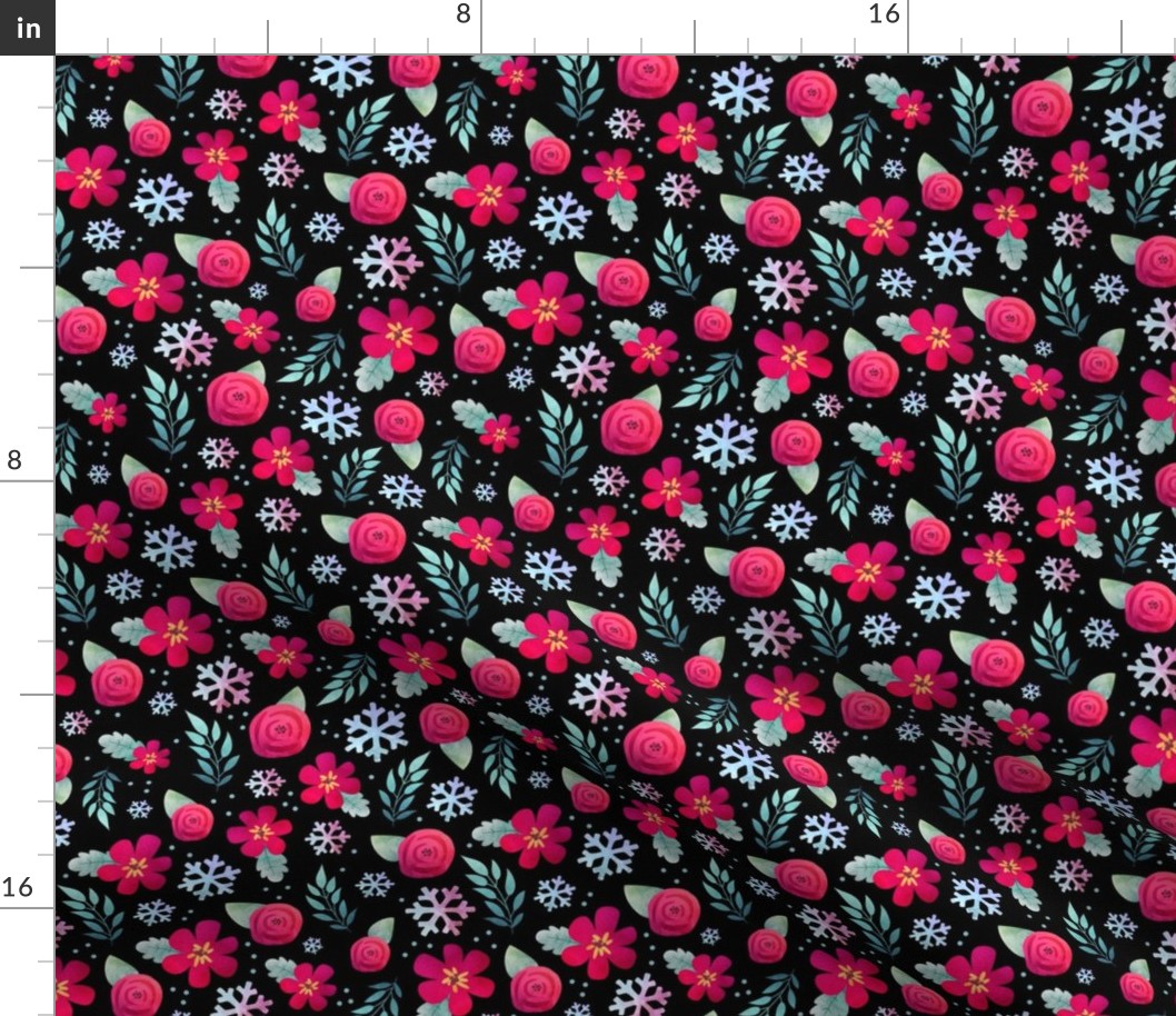 Medium Scale Winter Snowflake Floral on Black