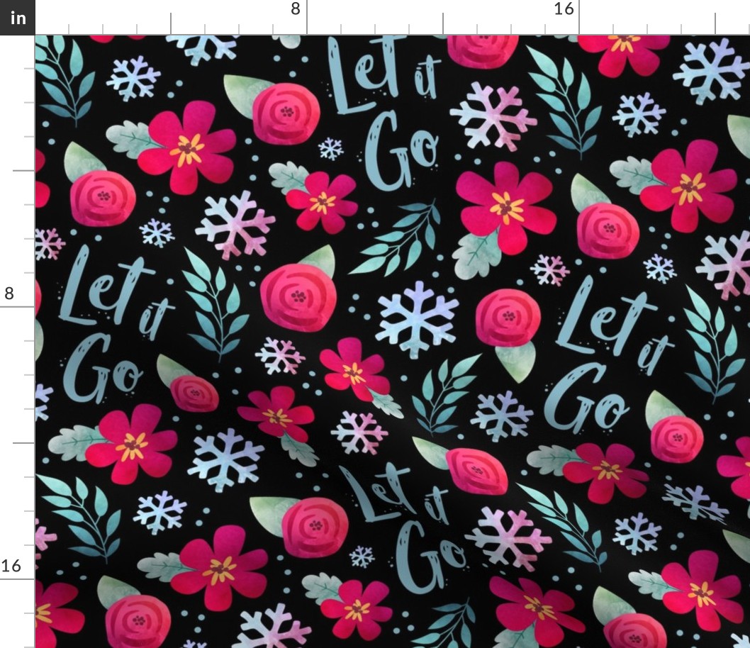 Large Scale Let It Go Winter Snowflake Floral on Black