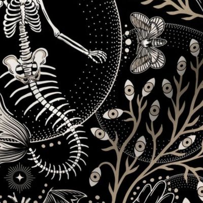 Phantasmagoria - Mermaid skeleton, hands, eyes, snake, scary plants and moths - large - black