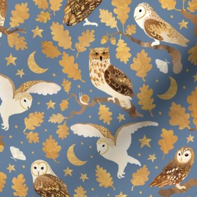 Oaken owls on misty blue - small scale