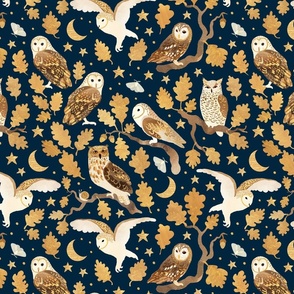 Oaken owls on slate navy - medium scale