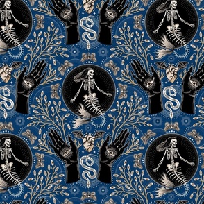 Phantasmagoria - Mermaid skeleton, hands, eyes, snake, scary plants and moths - small - Prussian blue