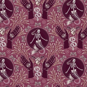 Phantasmagoria - Mermaid skeleton, hands, eyes, snake, scary plants and moths - small - cranberry pink