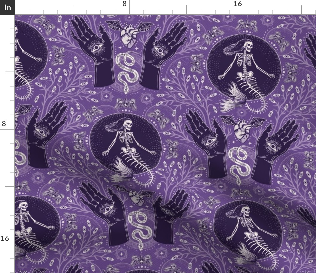 Phantasmagoria - Mermaid skeleton, hands, eyes, snake, scary plants and moths - small - lavender, purple