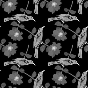 Camellia Birdsong Chinoiserie - greyscale on black, medium 