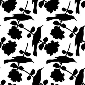 Camellia Birdsong Chinoiserie - black silhouettes on white, medium 