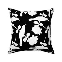 Camellia Birdsong Chinoiserie - white silhouettes on black, medium 