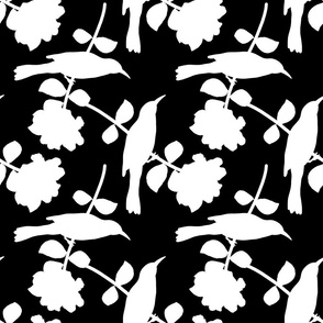 Camellia Birdsong Chinoiserie - white silhouettes on black, medium 