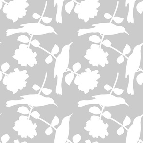 Camellia Birdsong Chinoiserie - white silhouettes on silver grey, medium 