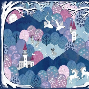 Find the magical creatures of the enchanted forest playmat blue - fat quarter