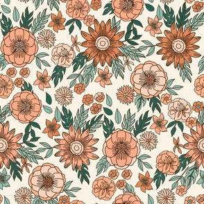 LARGE seventies retro floral - trippy, hippie floral fabric - peach