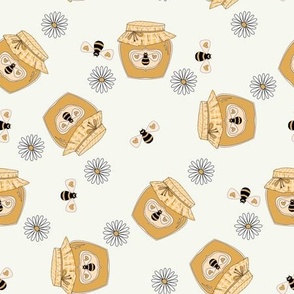 LARGE Honey fabric - honey bees, daisies cute design - cream