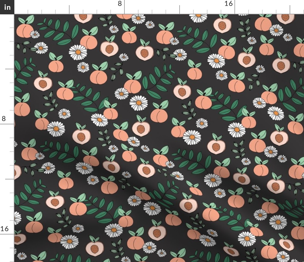 Sweet peachy fall garden leaves and peaches fruit and daisy blossom apricot green on charcoal