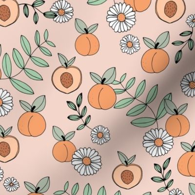 Sweet peachy fall garden leaves and peaches fruit and daisy blossom apricot orange mint green on blush