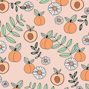 Sweet peachy fall garden leaves and peaches fruit and daisy blossom apricot orange mint green on blush