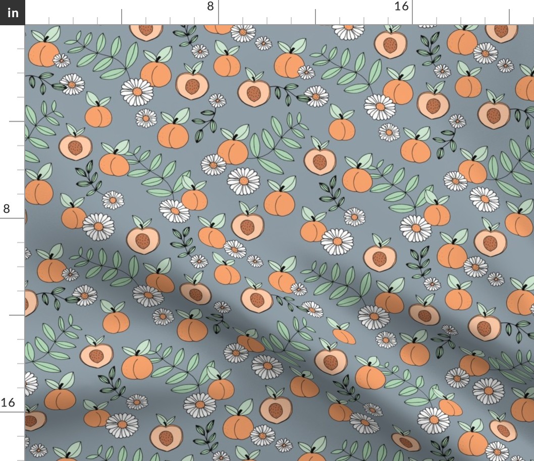 Sweet peachy fall garden leaves and peaches fruit and daisy blossom apricot green on moody blue gray