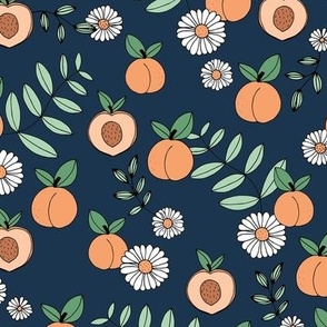 Sweet peachy fall garden leaves and peaches fruit and daisy blossom apricot green on navy blue