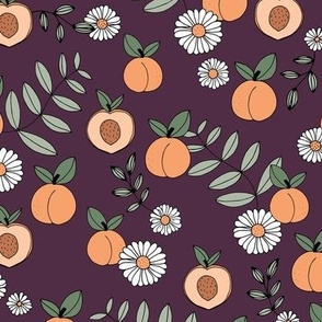 Sweet peachy fall garden leaves and peaches fruit and daisy blossom apricot green on burgundy 