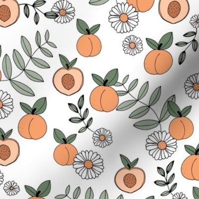 Sweet peachy fall garden leaves and peaches fruit and daisy blossom apricot orange green sage on white