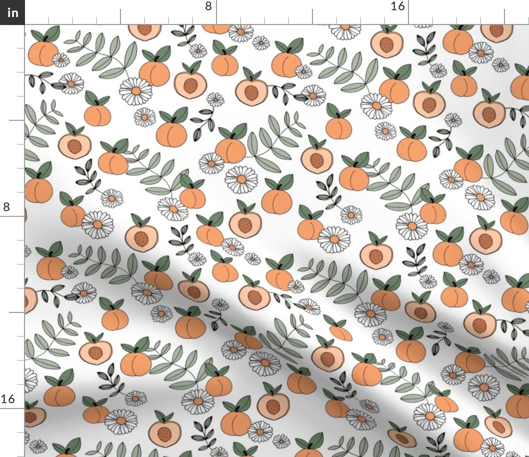 Sweet peachy fall garden leaves and peaches fruit and daisy blossom apricot orange green sage on white