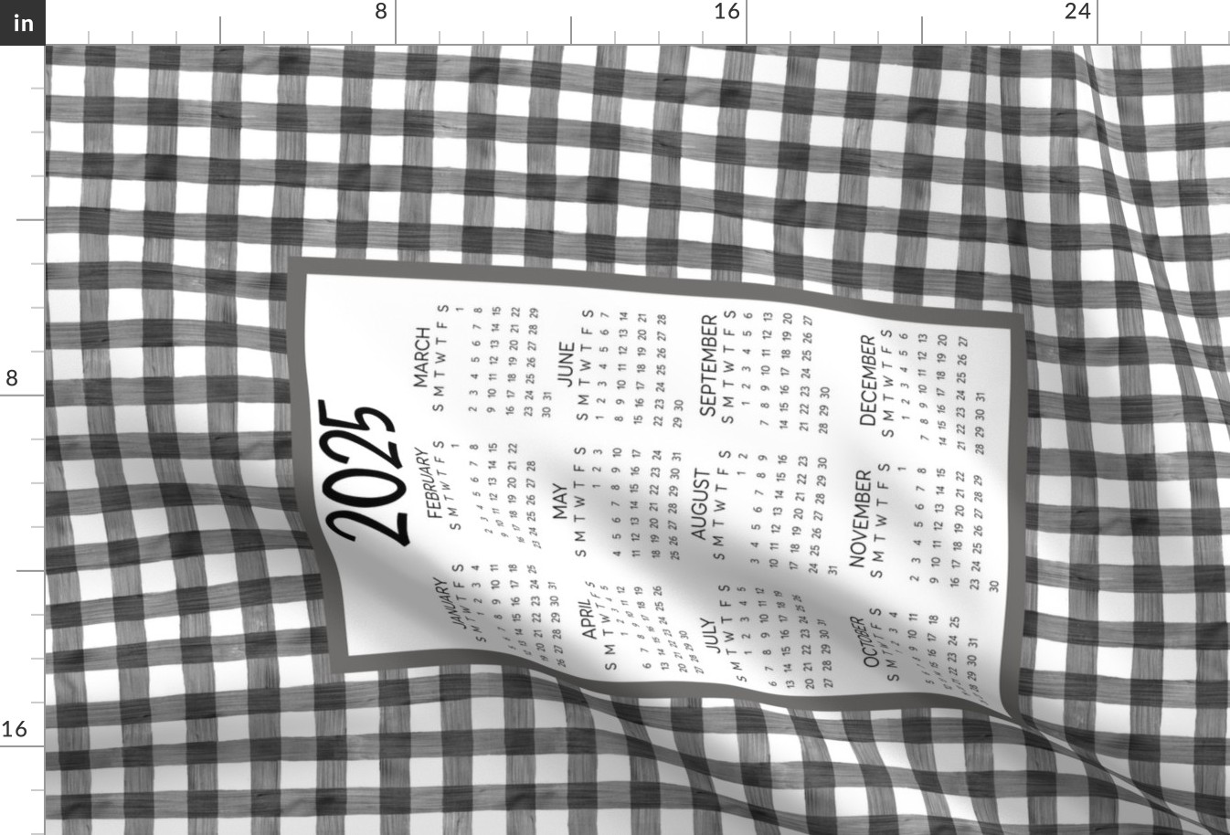 2025 Calendar Fat Quarter Wall Hanging Tea Towel Black Grey and White Watercolor Buffalo Checker