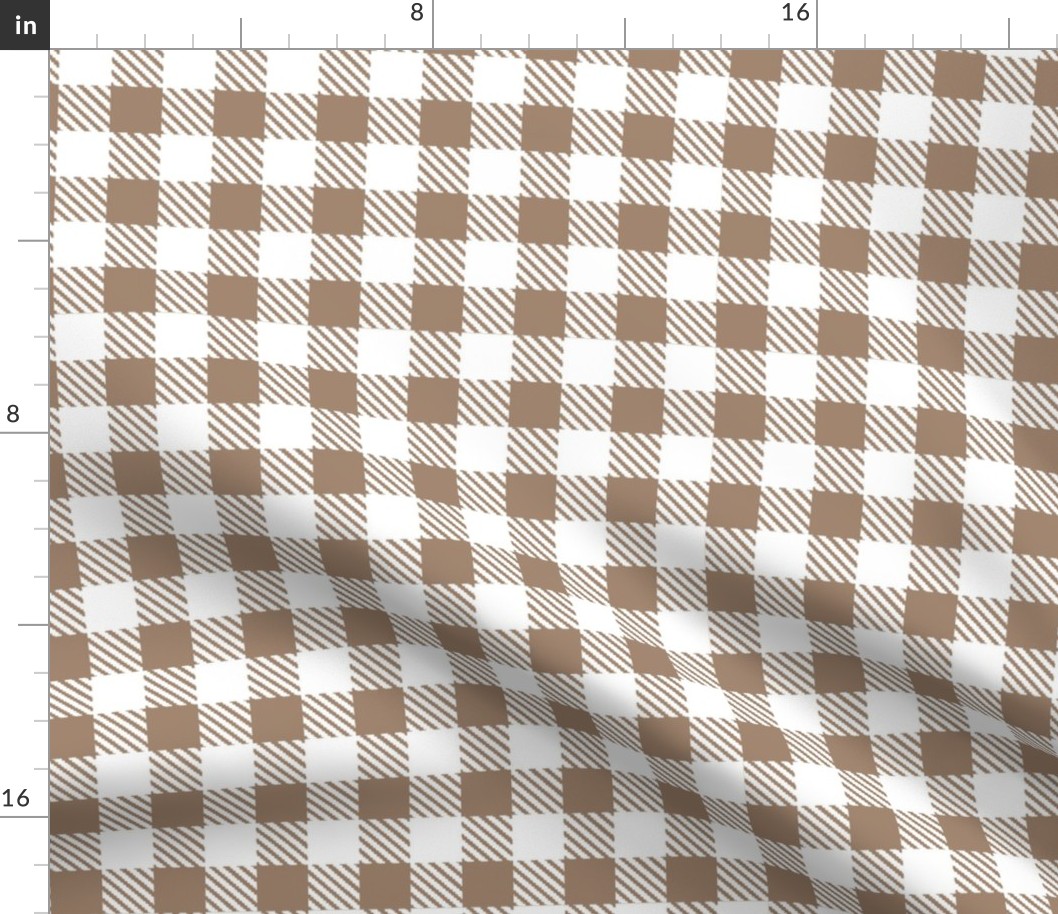 Bigger Scale 1 Square Mushroom and White Buffalo Plaid Checker Gingham Spoonflower Petal Solids Coordinate Earth Tone Tan