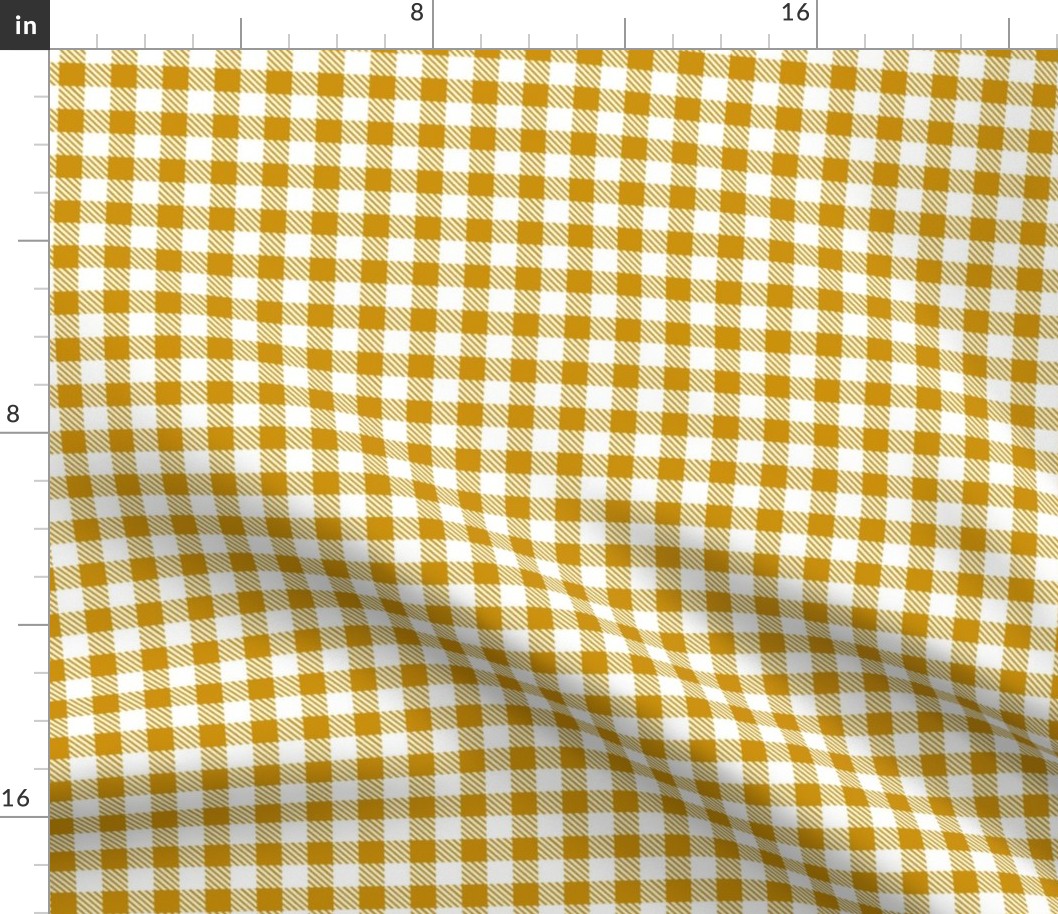 Smaller Scale 1/2" Square Mustard and White Buffalo Plaid Checker Gingham Spoonflower Petal Solids Coordinate Yellow Gold