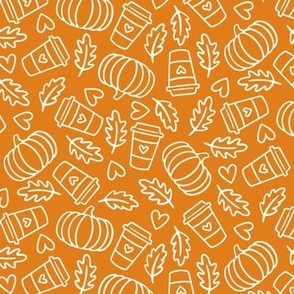 Coffee, Pumpkins, Hearts & Leaves: Cream Outlines on Orange (Small Scale)