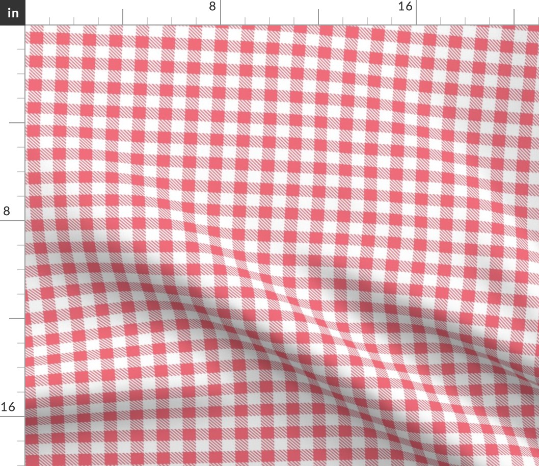 Smaller Scale 1/2" Square Watermelon and White Buffalo Plaid Checker Gingham Spoonflower Petal Solids Coordinate Medium Pink