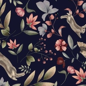 Navy Elegant Florals | Garden Rabbit & Brown Sparrow