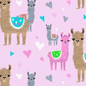 Large scale cute llamas on pink with hearts